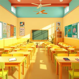 A vibrant and lively 2D Indian classroom scene filled with colorful tables and chairs