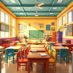 A vibrant and lively 2D Indian classroom scene filled with colorful tables and chairs