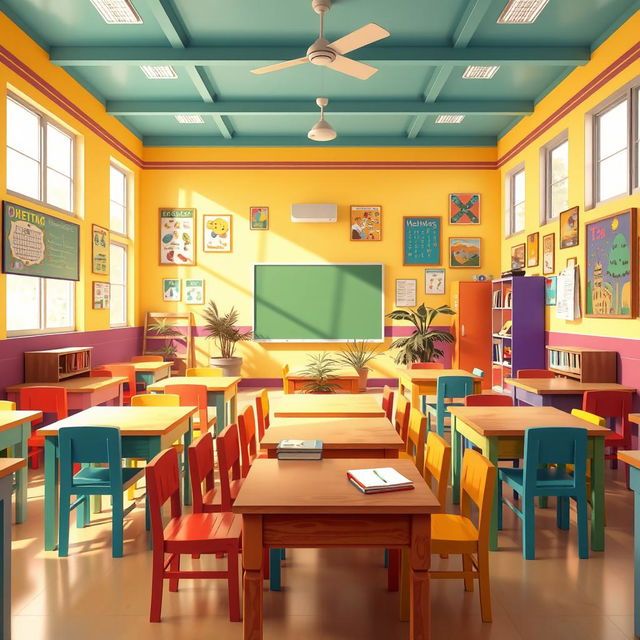 A vibrant and lively 2D Indian classroom scene filled with colorful tables and chairs