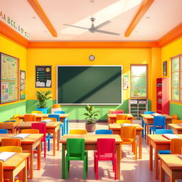 A vibrant and lively 2D Indian classroom scene filled with colorful tables and chairs