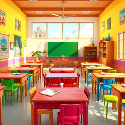 A vibrant and lively 2D Indian classroom scene filled with colorful tables and chairs