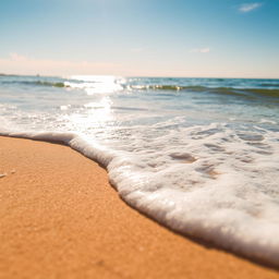 A serene beach scene showcasing fine golden sand merging with gentle ocean waves