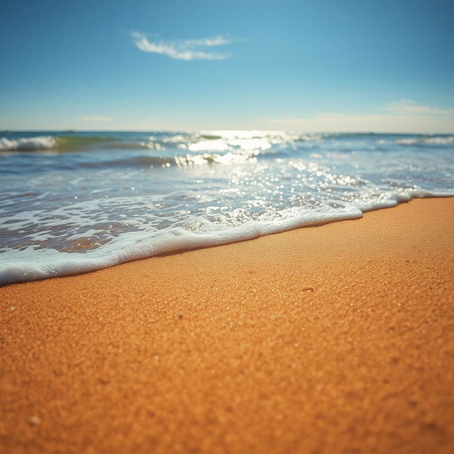 A serene beach scene showcasing fine golden sand merging with gentle ocean waves