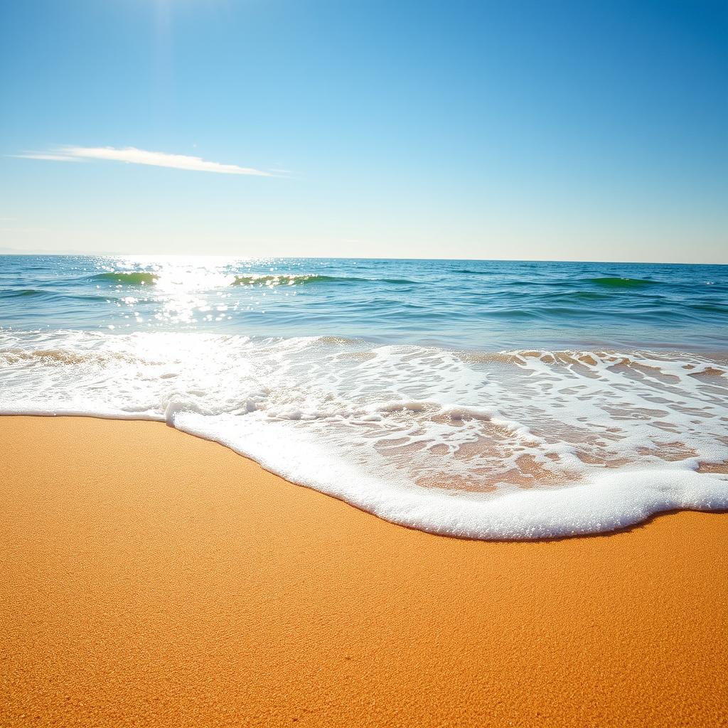 A serene beach scene showcasing fine golden sand merging with gentle ocean waves