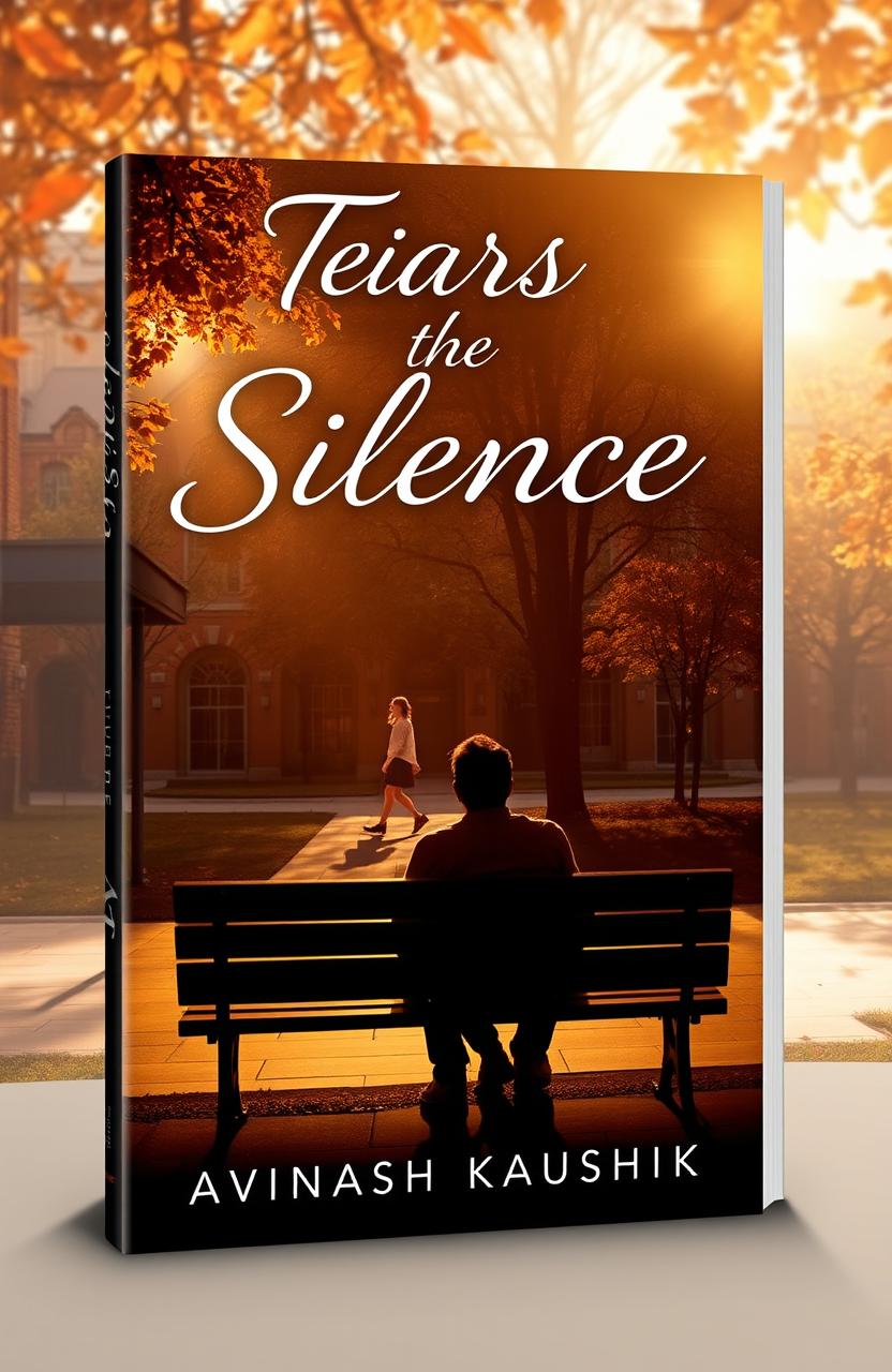 An evocative book cover for 'Tears in the Silence' featuring a solitary figure sitting on a bench in a university courtyard, gazing longingly at a girl walking in the distance