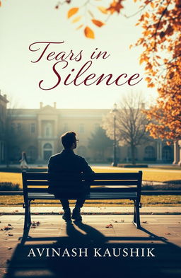 An evocative book cover for 'Tears in the Silence' featuring a solitary figure sitting on a bench in a university courtyard, gazing longingly at a girl walking in the distance