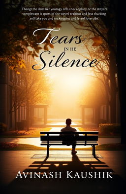 An evocative book cover for 'Tears in the Silence' featuring a solitary figure sitting on a bench in a university courtyard, gazing longingly at a girl walking in the distance