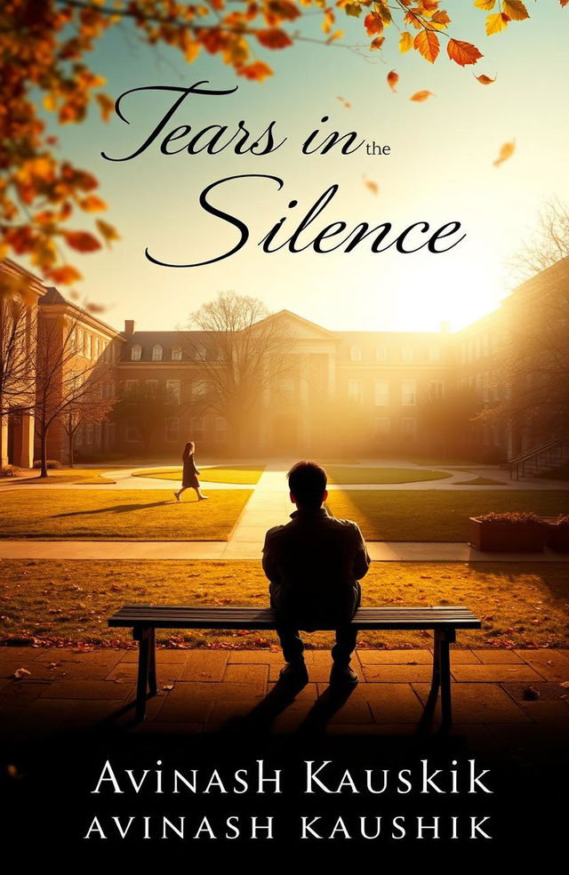 An evocative book cover for 'Tears in the Silence' featuring a solitary figure sitting on a bench in a university courtyard, gazing longingly at a girl walking in the distance