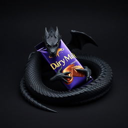 A sleek black dragon coiling around a large, rich chocolate bar, specifically Dairy Milk, with its shiny wrapper glimmering under soft light