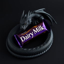 A sleek black dragon coiling around a large, rich chocolate bar, specifically Dairy Milk, with its shiny wrapper glimmering under soft light