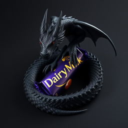 A sleek black dragon coiling around a large, rich chocolate bar, specifically Dairy Milk, with its shiny wrapper glimmering under soft light