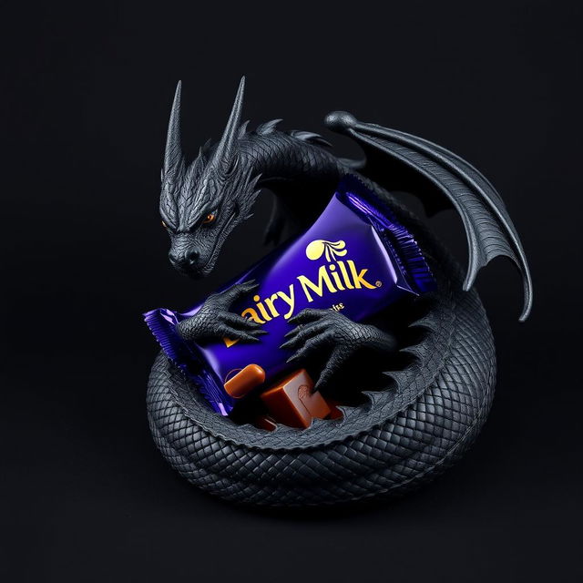 A sleek black dragon coiling around a large, rich chocolate bar, specifically Dairy Milk, with its shiny wrapper glimmering under soft light