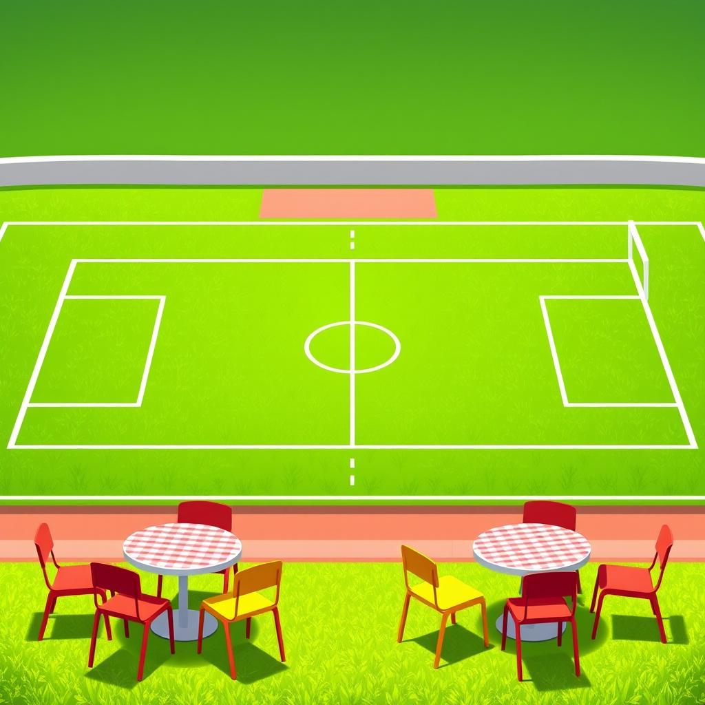 A vibrant 2D illustration of a football field set as the background, featuring lush green grass and crisp white lines marking the field