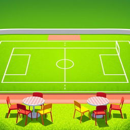 A vibrant 2D illustration of a football field set as the background, featuring lush green grass and crisp white lines marking the field