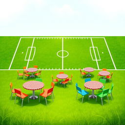 A vibrant 2D illustration of a football field set as the background, featuring lush green grass and crisp white lines marking the field