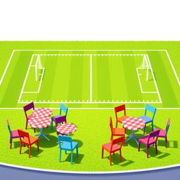A vibrant 2D illustration of a football field set as the background, featuring lush green grass and crisp white lines marking the field
