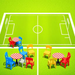 A vibrant 2D illustration of a football field set as the background, featuring lush green grass and crisp white lines marking the field