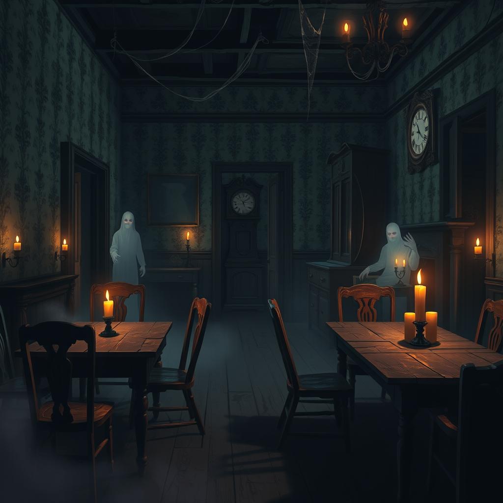 A spooky 2D haunted house interior background featuring an eerie atmosphere