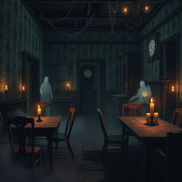 A spooky 2D haunted house interior background featuring an eerie atmosphere