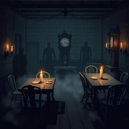 A spooky 2D haunted house interior background featuring an eerie atmosphere
