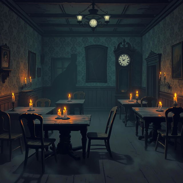 A spooky 2D haunted house interior background featuring an eerie atmosphere