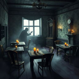 A spooky 2D haunted house interior background featuring an eerie atmosphere