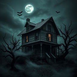 A spooky, haunted house set against a dark, ominous sky