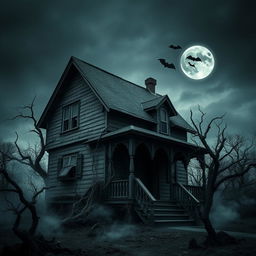A spooky, haunted house set against a dark, ominous sky
