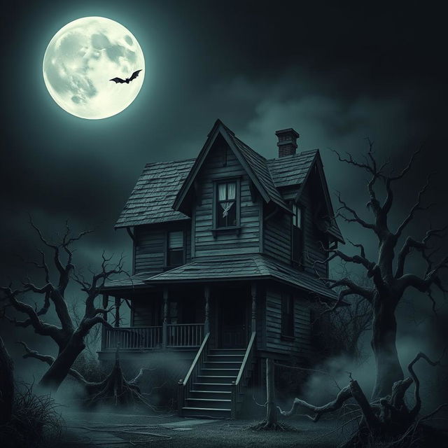 A spooky, haunted house set against a dark, ominous sky