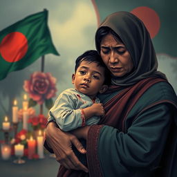 A poignant scene of a mother, dressed in traditional attire, holding her son in her arms
