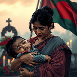 A poignant scene of a mother, dressed in traditional attire, holding her son in her arms