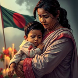 A poignant scene of a mother, dressed in traditional attire, holding her son in her arms