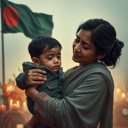 A poignant scene of a mother, dressed in traditional attire, holding her son in her arms