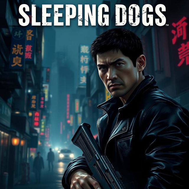 A cinematic poster for a video game titled 'Sleeping Dogs (2024)', featuring a gritty urban landscape of Hong Kong at night