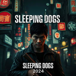 A cinematic poster for a video game titled 'Sleeping Dogs (2024)', featuring a gritty urban landscape of Hong Kong at night