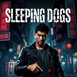A cinematic poster for a video game titled 'Sleeping Dogs (2024)', featuring a gritty urban landscape of Hong Kong at night