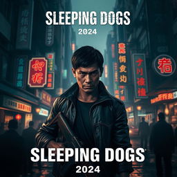 A cinematic poster for a video game titled 'Sleeping Dogs (2024)', featuring a gritty urban landscape of Hong Kong at night