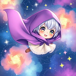 A whimsical light novel cover featuring a young female character dressed in a flowing purple cloak that billows around her