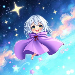 A whimsical light novel cover featuring a young female character dressed in a flowing purple cloak that billows around her