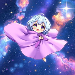 A whimsical light novel cover featuring a young female character dressed in a flowing purple cloak that billows around her