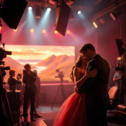 A cinematic scene depicting a dramatic film set, showcasing actors passionately performing a romantic scene