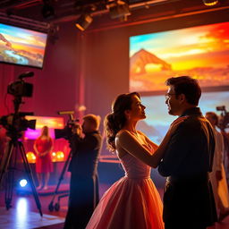 A cinematic scene depicting a dramatic film set, showcasing actors passionately performing a romantic scene