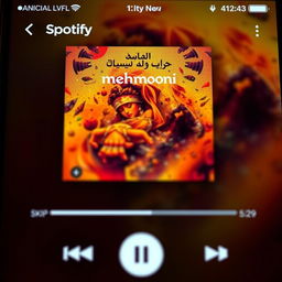 A detailed and vibrant screenshot of the Spotify app playing the song "Mehmooni" by Amir Tataloo, featuring its official music cover art