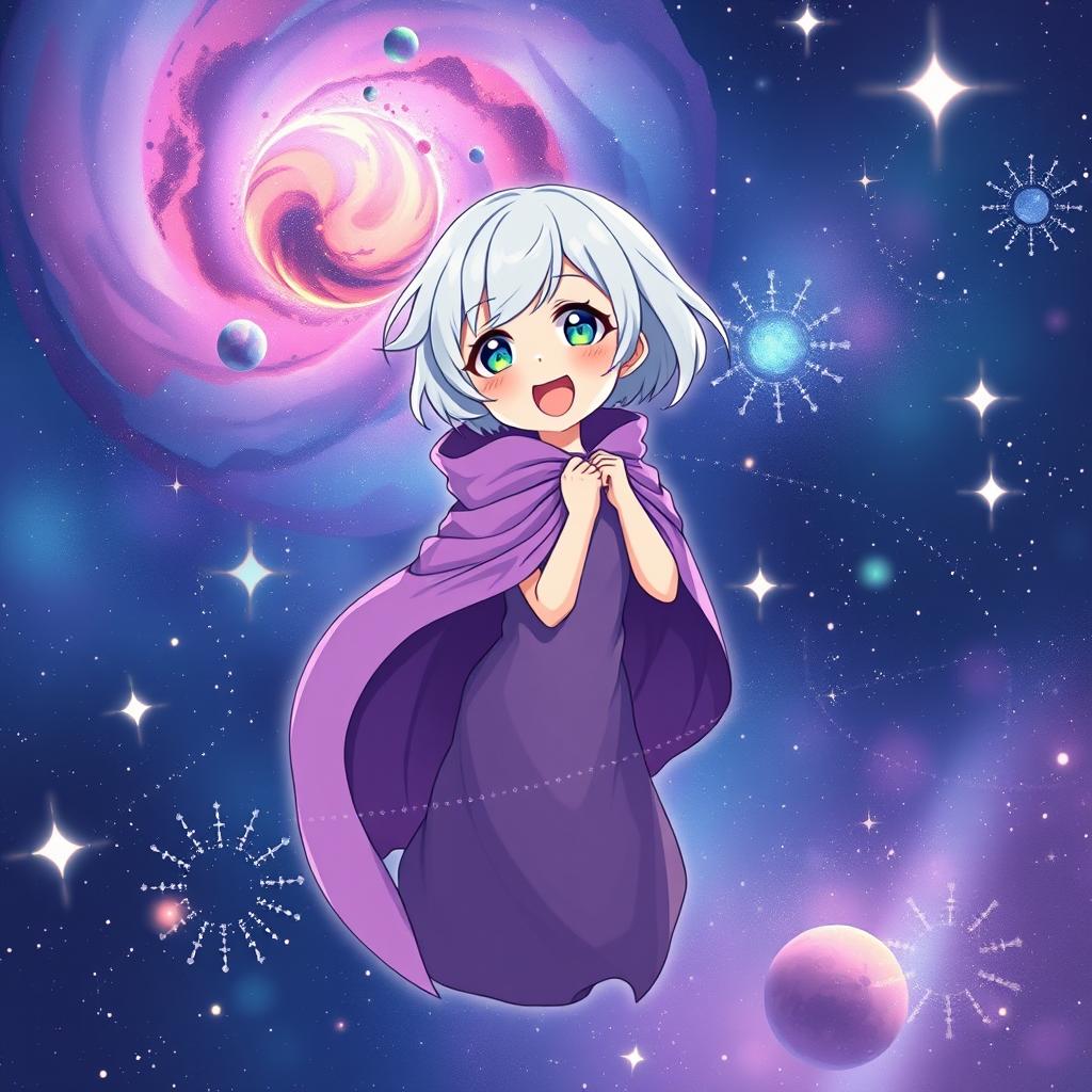 A whimsical light novel cover featuring a tall, youthful female character dressed in a flowing purple cloak that elegantly drapes around her as she floats in the enchanting expanse of space