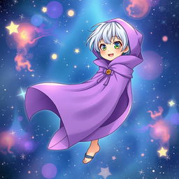 A whimsical light novel cover featuring a tall, youthful female character dressed in a flowing purple cloak that elegantly drapes around her as she floats in the enchanting expanse of space