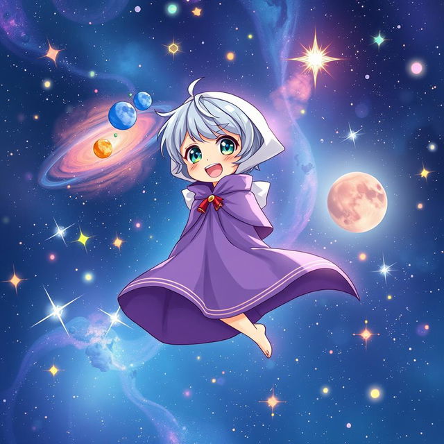 A whimsical light novel cover featuring a tall, youthful female character dressed in a flowing purple cloak that elegantly drapes around her as she floats in the enchanting expanse of space