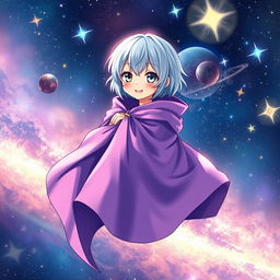A captivating light novel cover featuring a tall young female character adorned in a flowing purple cloak that elegantly wraps around her as she floats in the vast expanse of space