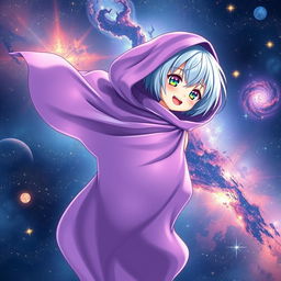 A captivating light novel cover featuring a tall young female character adorned in a flowing purple cloak that elegantly wraps around her as she floats in the vast expanse of space
