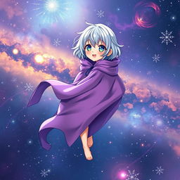 A captivating light novel cover featuring a tall young female character adorned in a flowing purple cloak that elegantly wraps around her as she floats in the vast expanse of space