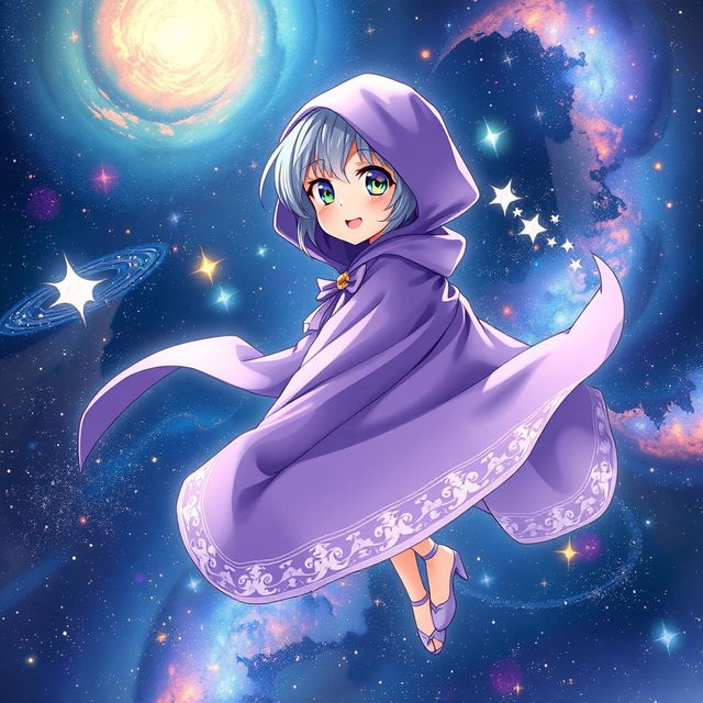 A captivating light novel cover featuring a tall young female character adorned in a flowing purple cloak that elegantly wraps around her as she floats in the vast expanse of space